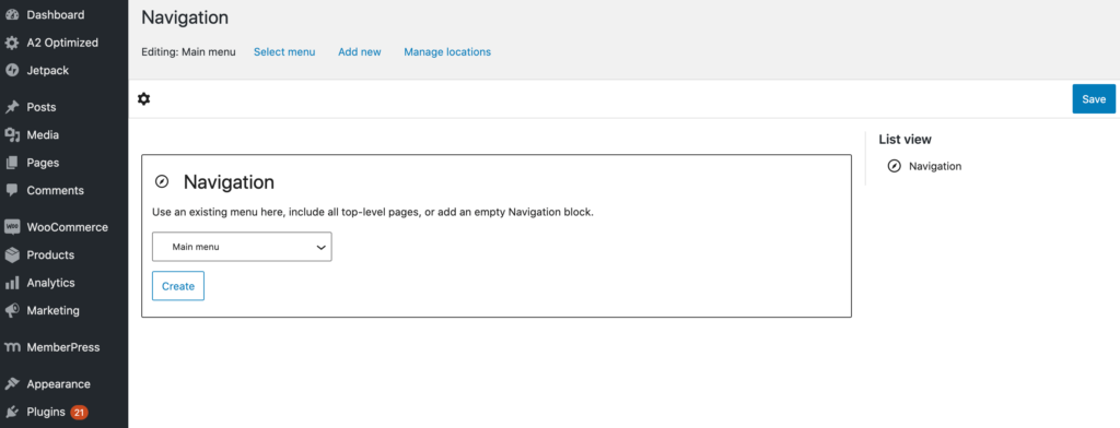 The Block Editor's drag-and-drop Navigation Builder. 