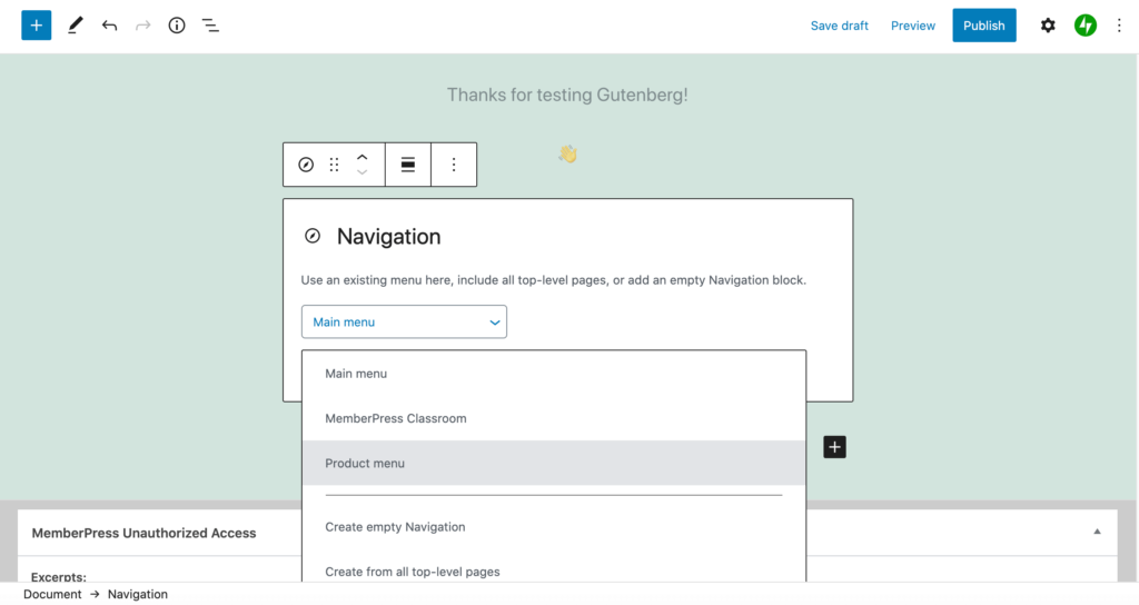 Gutenberg's new Navigation Block.