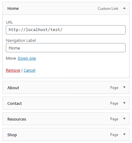 homepage menu item with custom link
