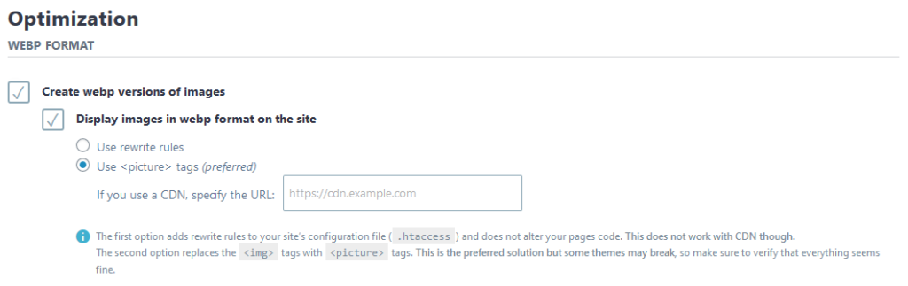 imagify webp settings
