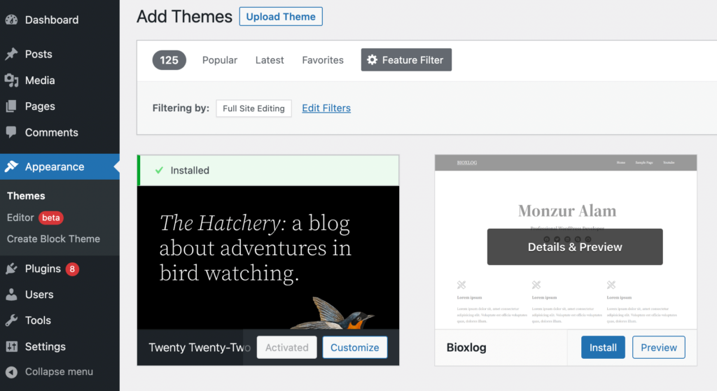 Install block theme