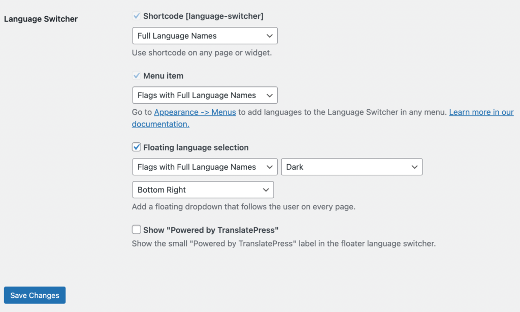 Language switcher settings