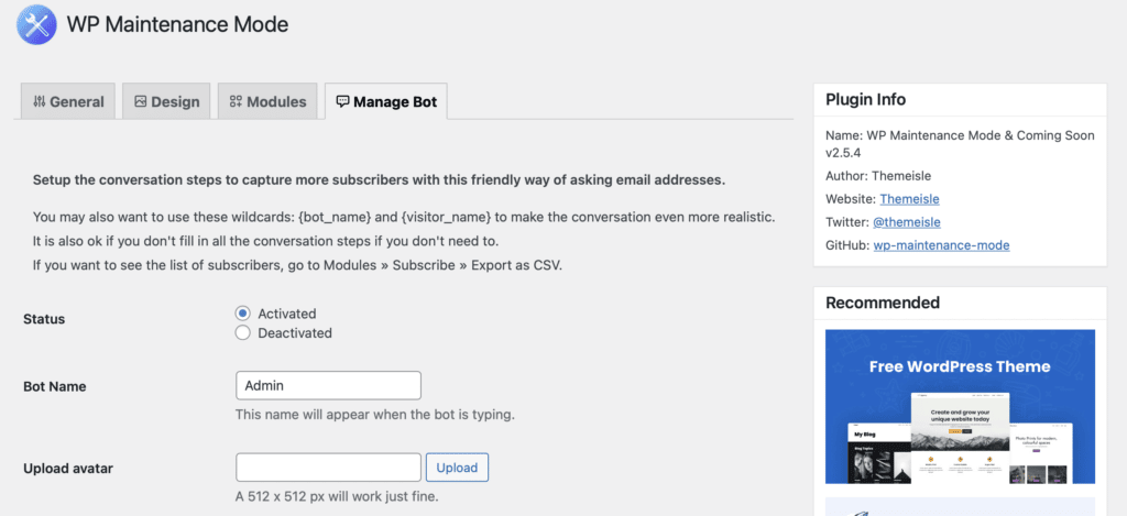 Manage the chat bot for the maintenance mode page