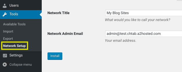 The Network Setup option in WordPress dashboard.