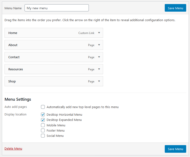 new menu items in wordpress navigation menu