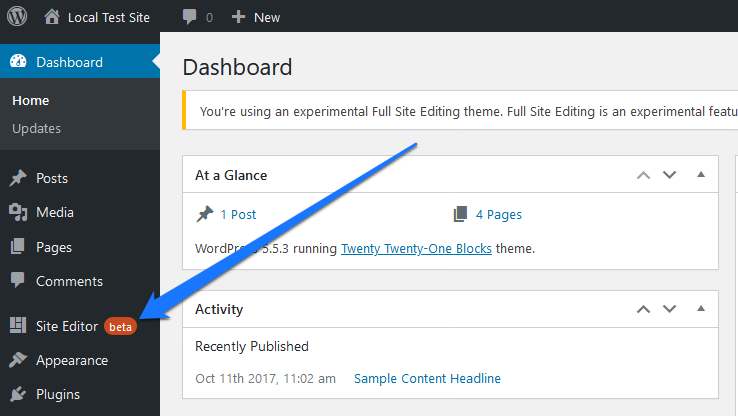 new site editor menu item in wordpress dashboard