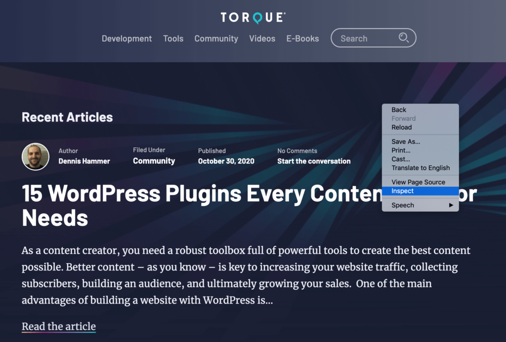 How To Find Out What Theme A Website Is Using: Opening the Chrome Inspector.