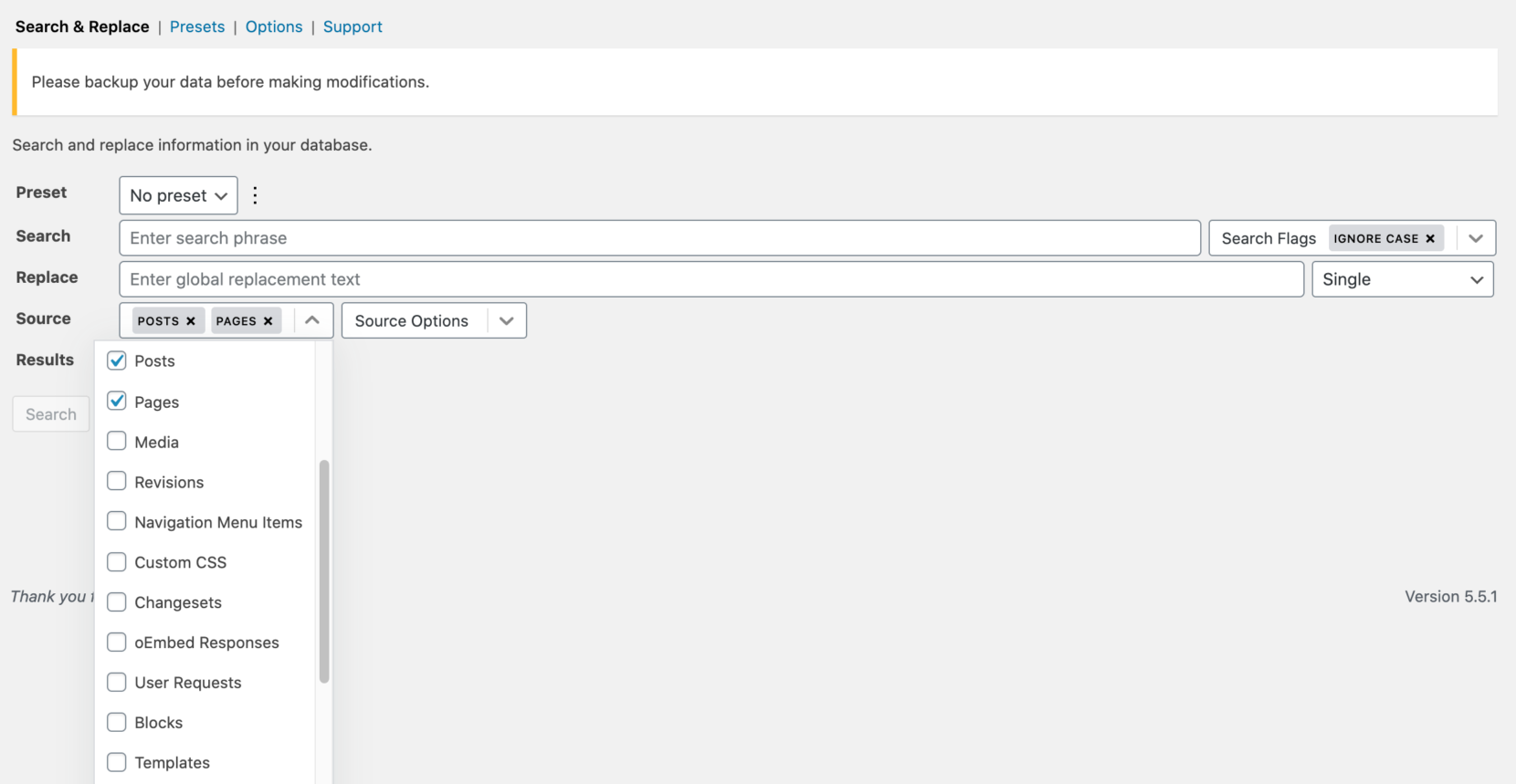 Search Regex in the WordPress dashboard.