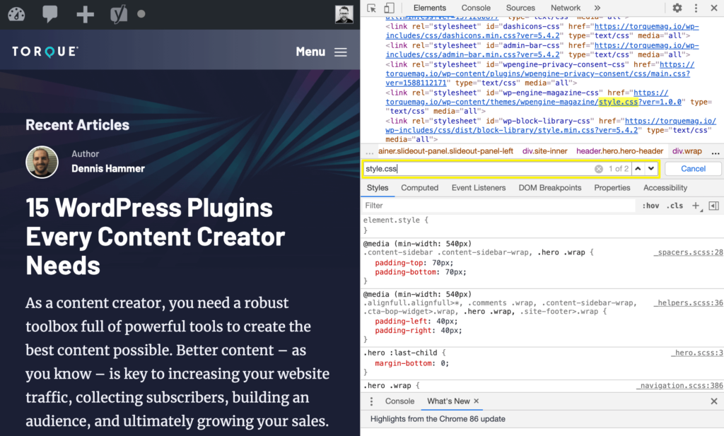 How To Find Out What Theme A Website Is Using: Using the Chrome Inspector search functionality.