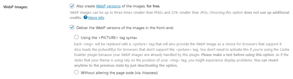 shortpixel webp settings
