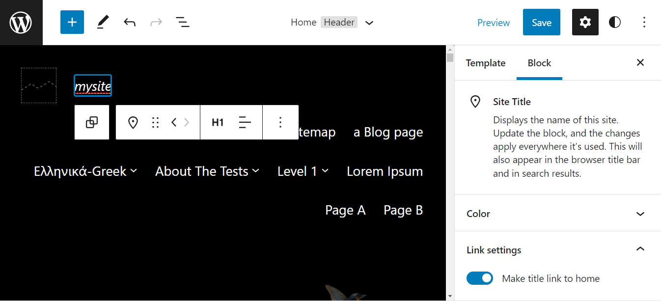 Editing the site title in the Full Site Editor.