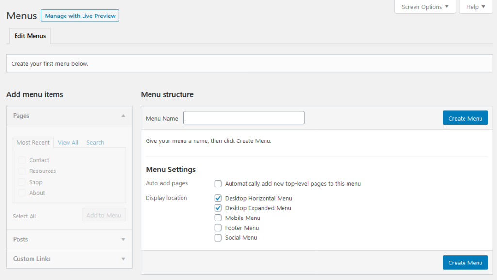 wordpress navigation menu settings