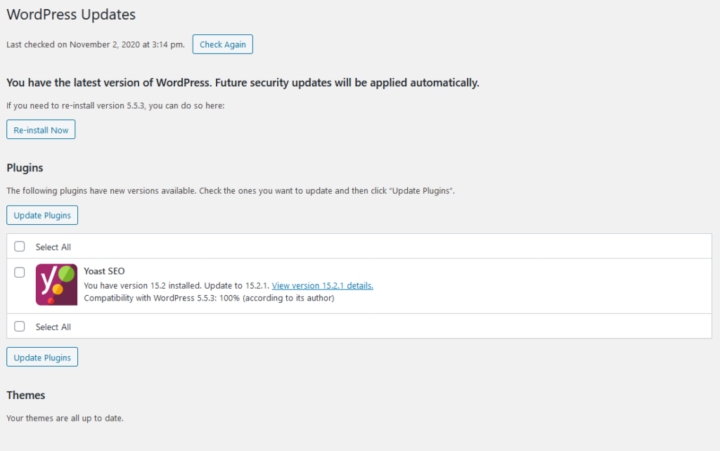 wordpress updates screen