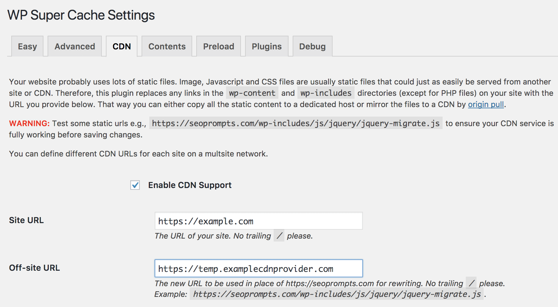 WP Super Cache CDN settings
